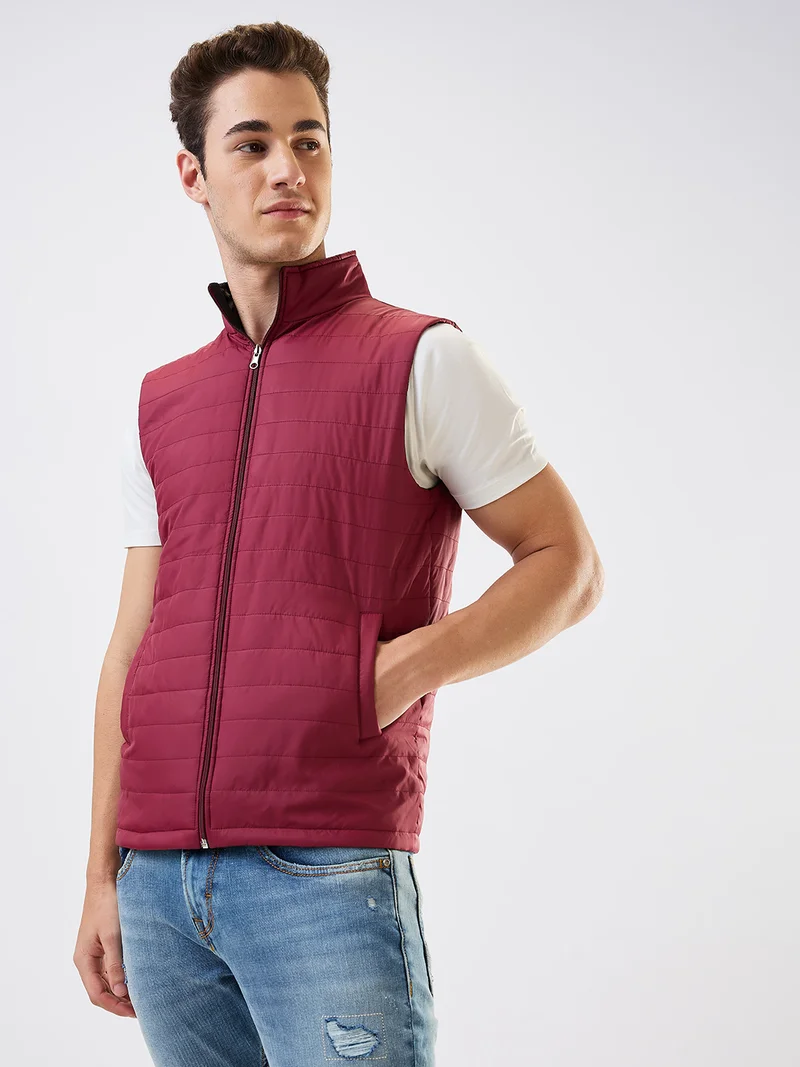 جلو باص Globus Men Maroon Mock Neck Front Zip Reversible Quilted Insulator Winter Jacket